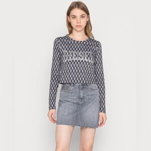 DIESEL Rhinestone Long Sleeve Checkered Top Logo Crystal
